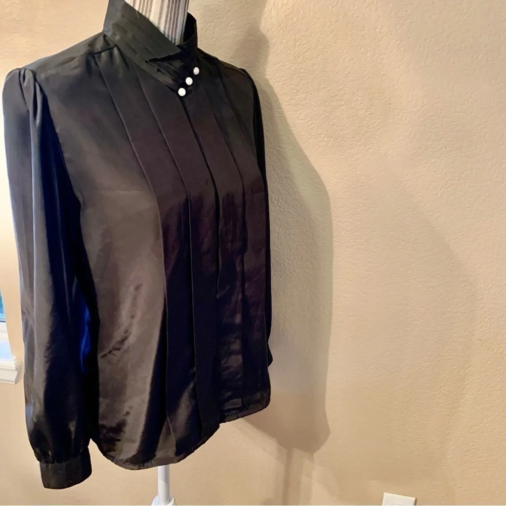 Vintage Blouse Size 8 Susan Hutton Black Satin White Buttons Long Sleeve Classy - Picture 16 of 16